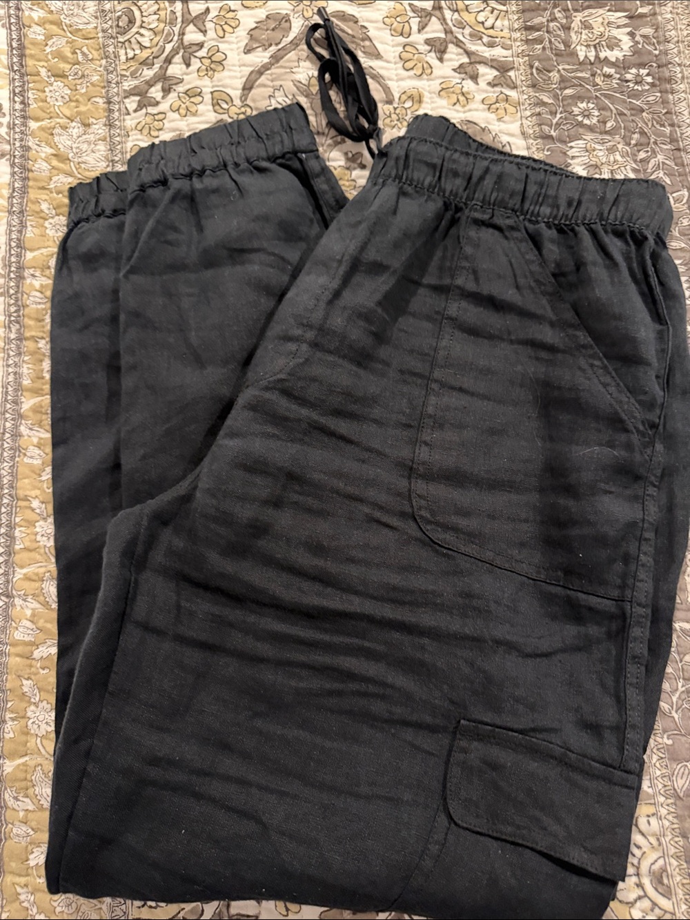 Nicole Miller Linen Women’s Black Drawstring Cargo Pants